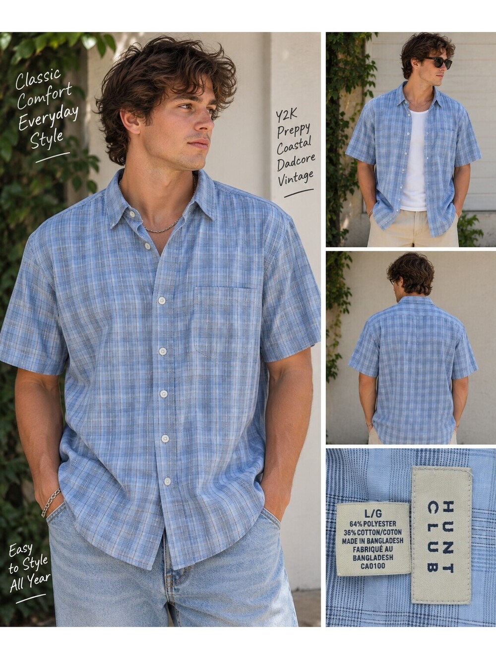 Hunt Club Men’s Blue Plaid Short Sleeve Button-Up XL Y2K Preppy Coastal